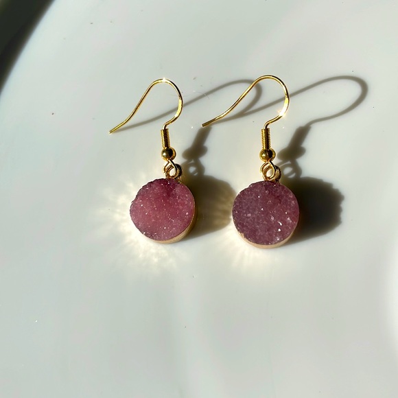 Pink Druzy Crystal Dangle Earrings - Picture 2 of 3